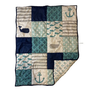 Peanut Shell Nautical Whale Sea Blue Teal Gray Baby Blanket Quilt Stripe Anchor
